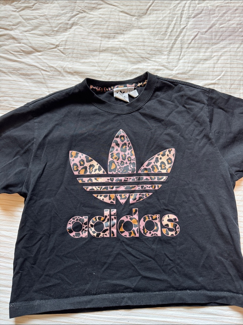 adidas Black Tee with Pink Leopard Trefoil Graphic - Picture 1 of 2